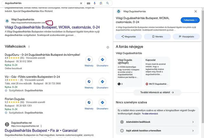 Többlet információ a keresőből egy honlapról - Világi Duguláselhárítás