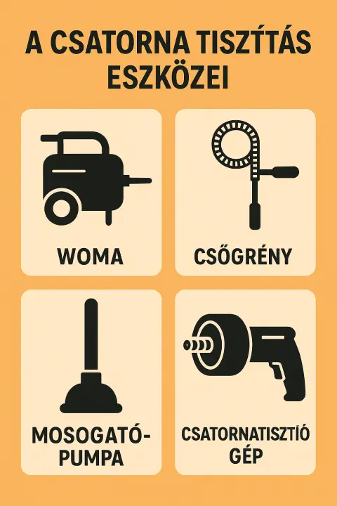 A csatorna tisztítás eszközei infografikán. - Világi Duguláselhárítás